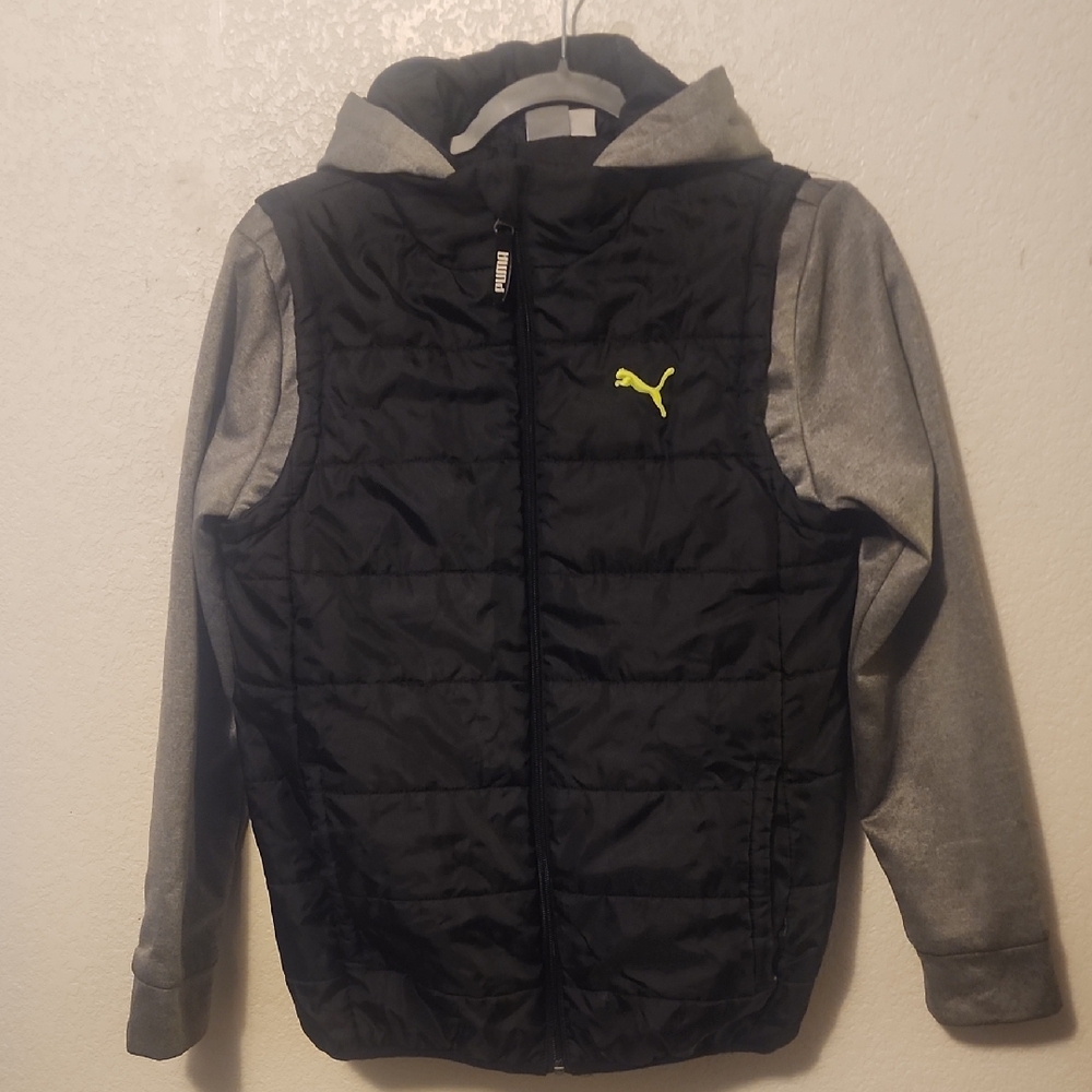 Puma Black and Gray Hooded Jacket with Yellow Logo